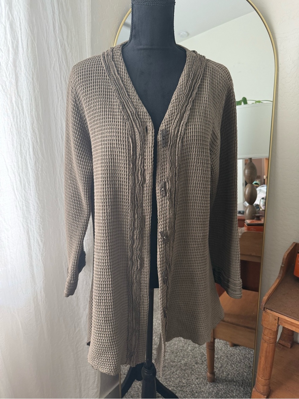 Vintage Denim N’ Roses Olive Green Waffle-Knit Button Cardigan Wood Buttons